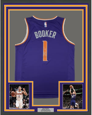 Framed Autographed/Signed Devin Booker 35x39 Phoenix Purple Basketball Jersey Steiner Sports COA
