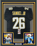 Framed Autographed/Signed Asante Samuel Jr. 35x39 Los Angeles LA Black Football Jersey JSA COA