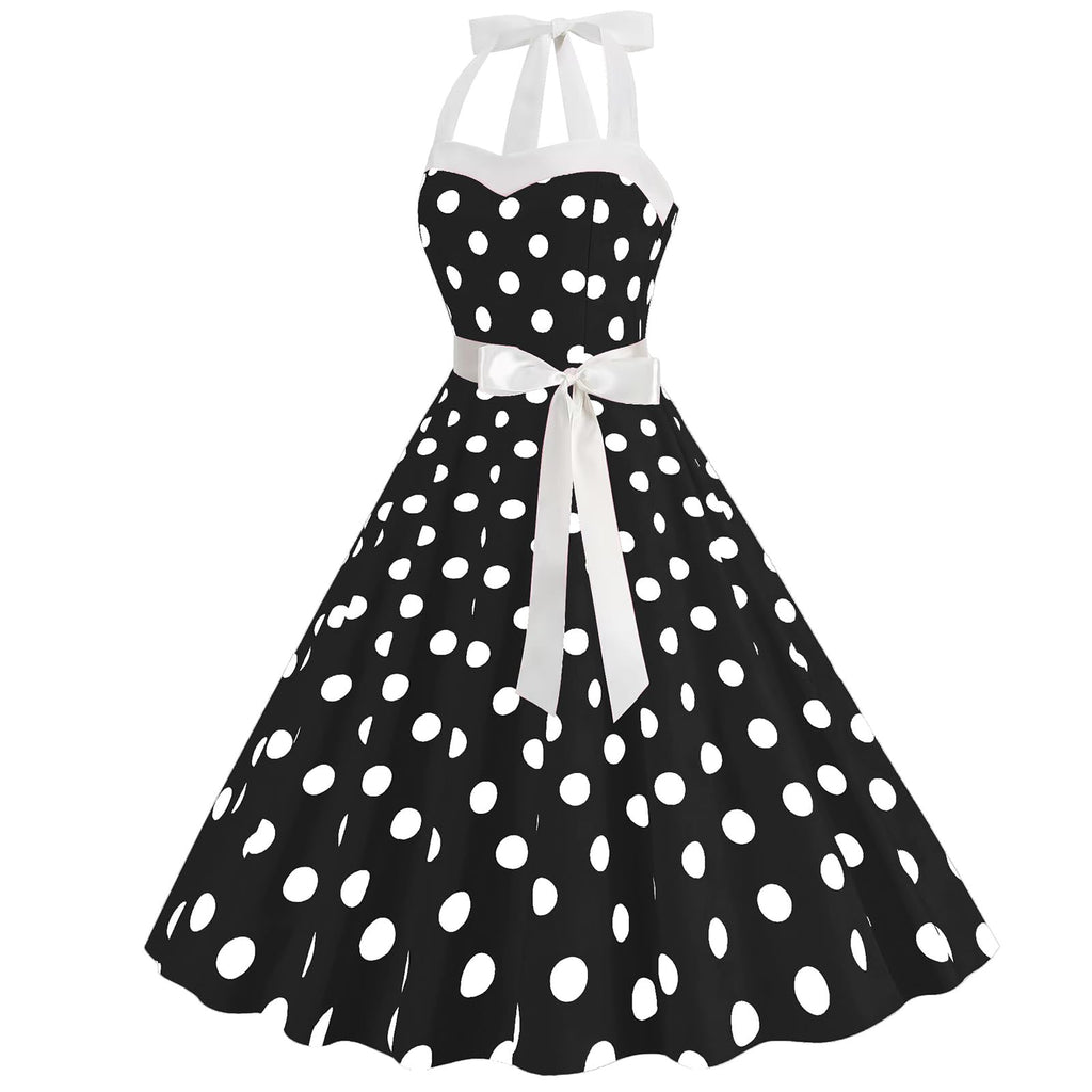 HAPNBCELE Vintage 1950s Halter Polka Dot Dress Black Size X-Large