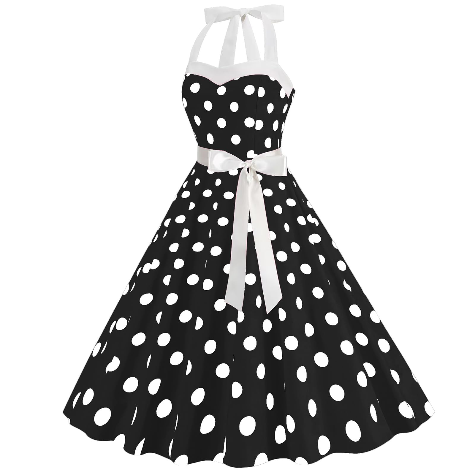 HAPNBCELE Vintage 1950s Halter Polka Dot Dress Black Size X-Large