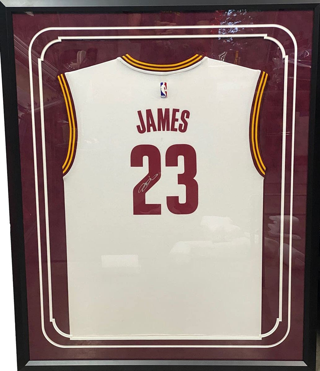Framed Autographed/Signed LeBron James 35x39 Cleveland Cavaliers White Basketball Jersey PSA/DNA COA/LOA
