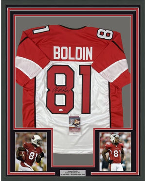 Framed Autographed/Signed Anquan Boldin 35x39 Arizona White Football Jersey JSA COA