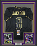 Framed Autographed/Signed Lamar Jackson 35x39 Baltimore Blackout Football Jersey JSA COA