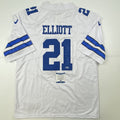 Autographed/Signed Ezekiel Elliott Dallas White Football Jersey Beckett BAS COA #2