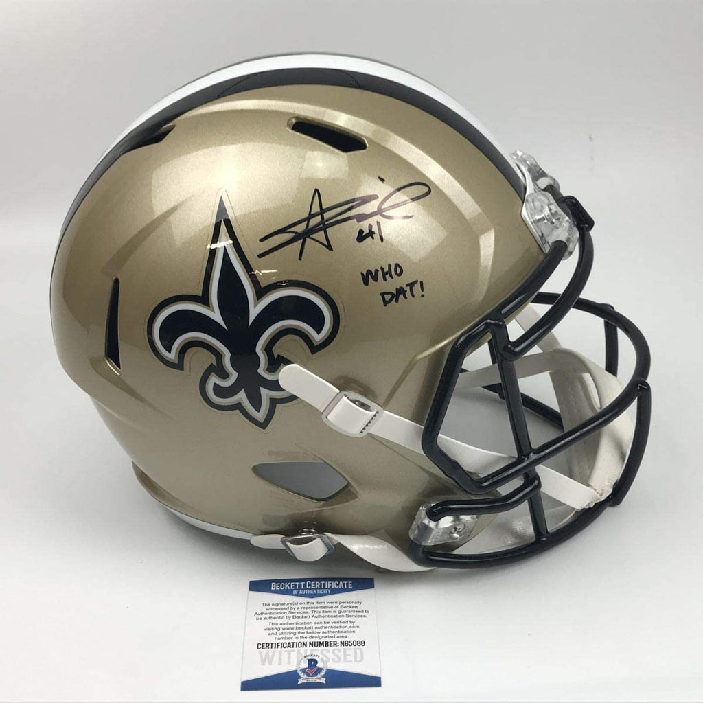 Autographed/Signed Alvin Kamara Who Dat New Orleans Saints Full Size FS F/S Replica Football Helmet Beckett BAS COA
