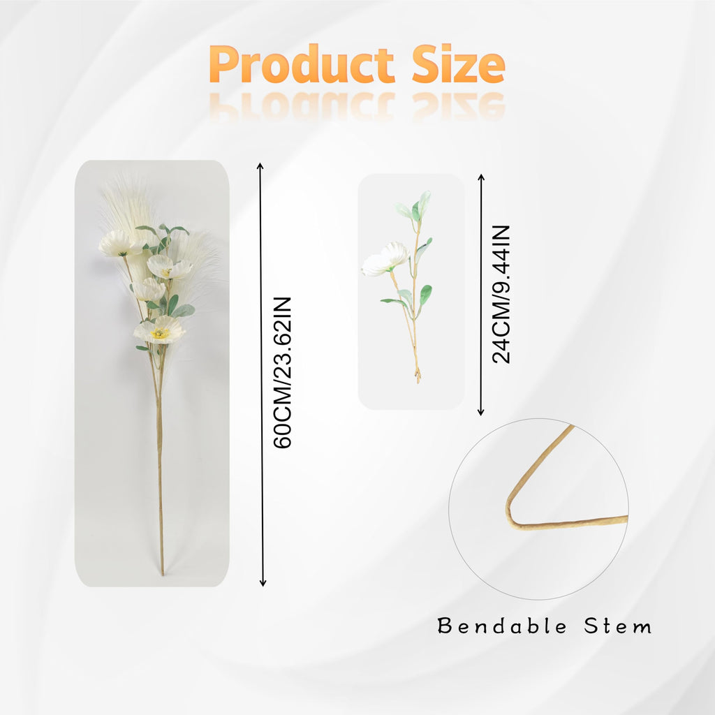 NoriStyle Silk White Artificial Poppy Flowers 6 Pcs Long Stems Indoor Decor