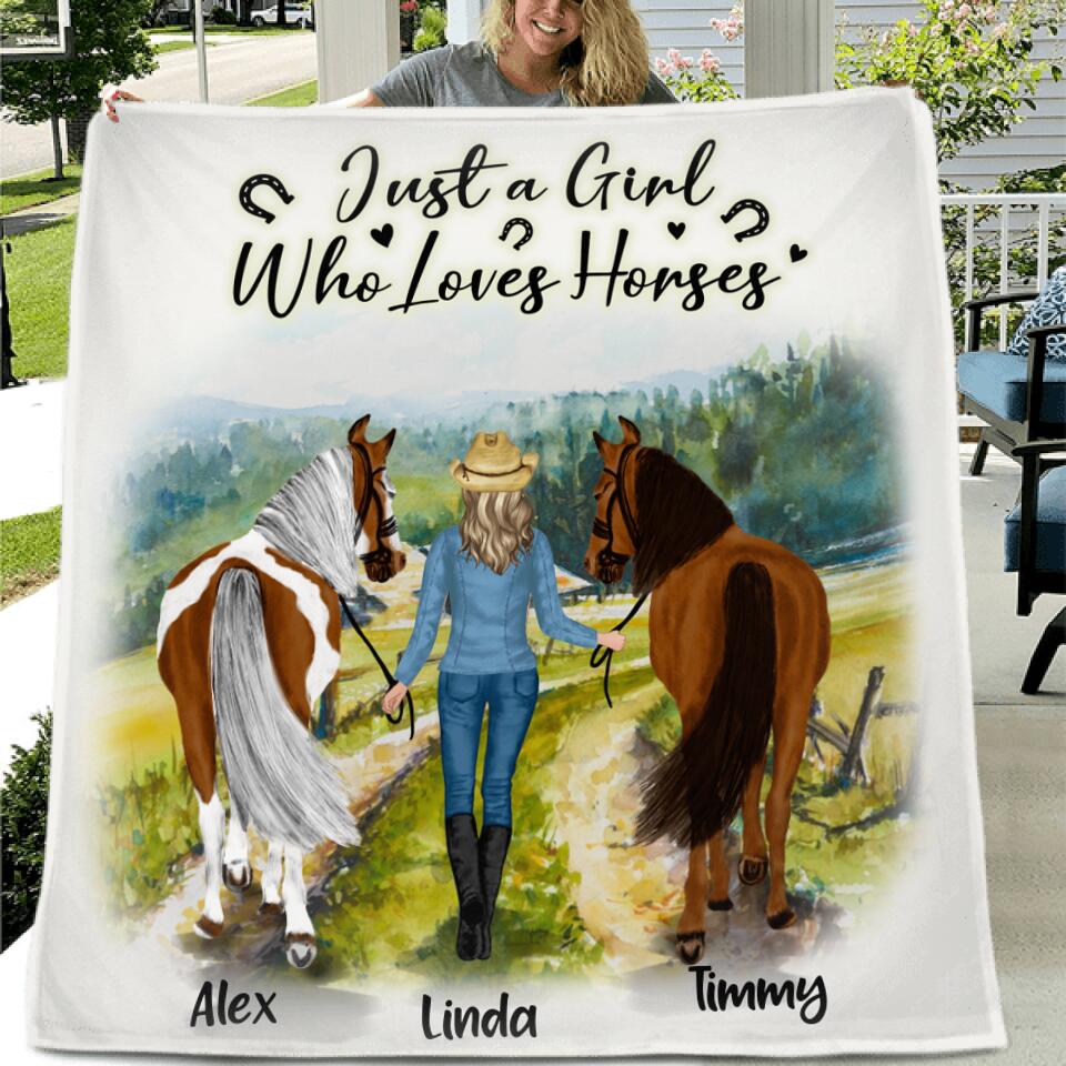 Personalized Horse Girl Quilt/Fleece Blanket & Pillow Cover - Up to 6 Horses - Best Gift For Horse Lover - Just A Girl Who Loves Horses