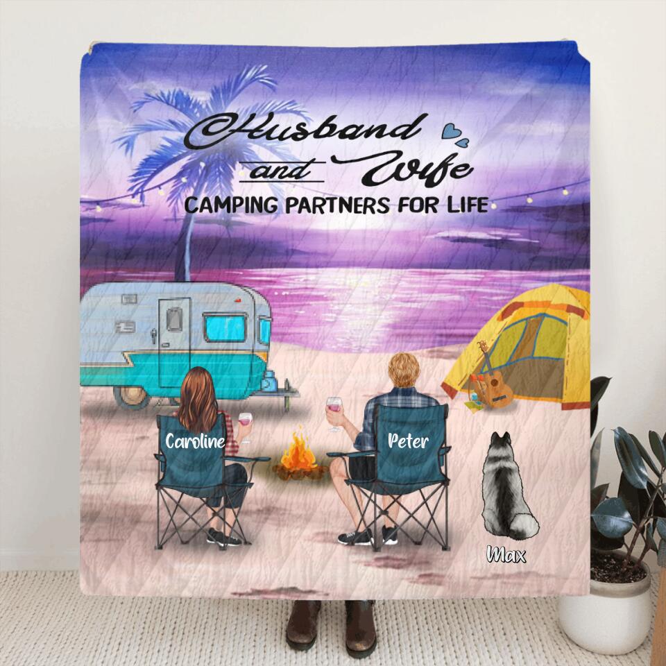 Personalized Beach Camping Pillow Cover/Quilt/Fleece Blanket - Couple/Parents With Up to 3 Kids, 4 Pets - Gift Idea For Family Camping Lover - Husband & Wife Camping Partners For Life
