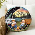 Personalized Camping Moon Couple With Dog Round Pillow - Up to 3 Dogs - Gift Idea For Camping Lover - Life Is Better Around The Campfire