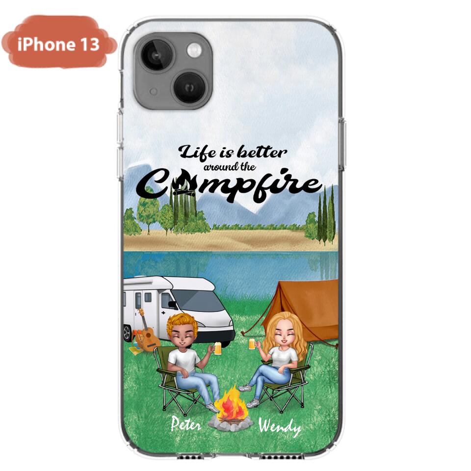 Personalized Camping Chibi Phone Case - Couple With Up to 2 Dogs - Gift Idea For Dog/Camping Lover - Life Is Better Around The Campfire - Case For iPhone And Samsung