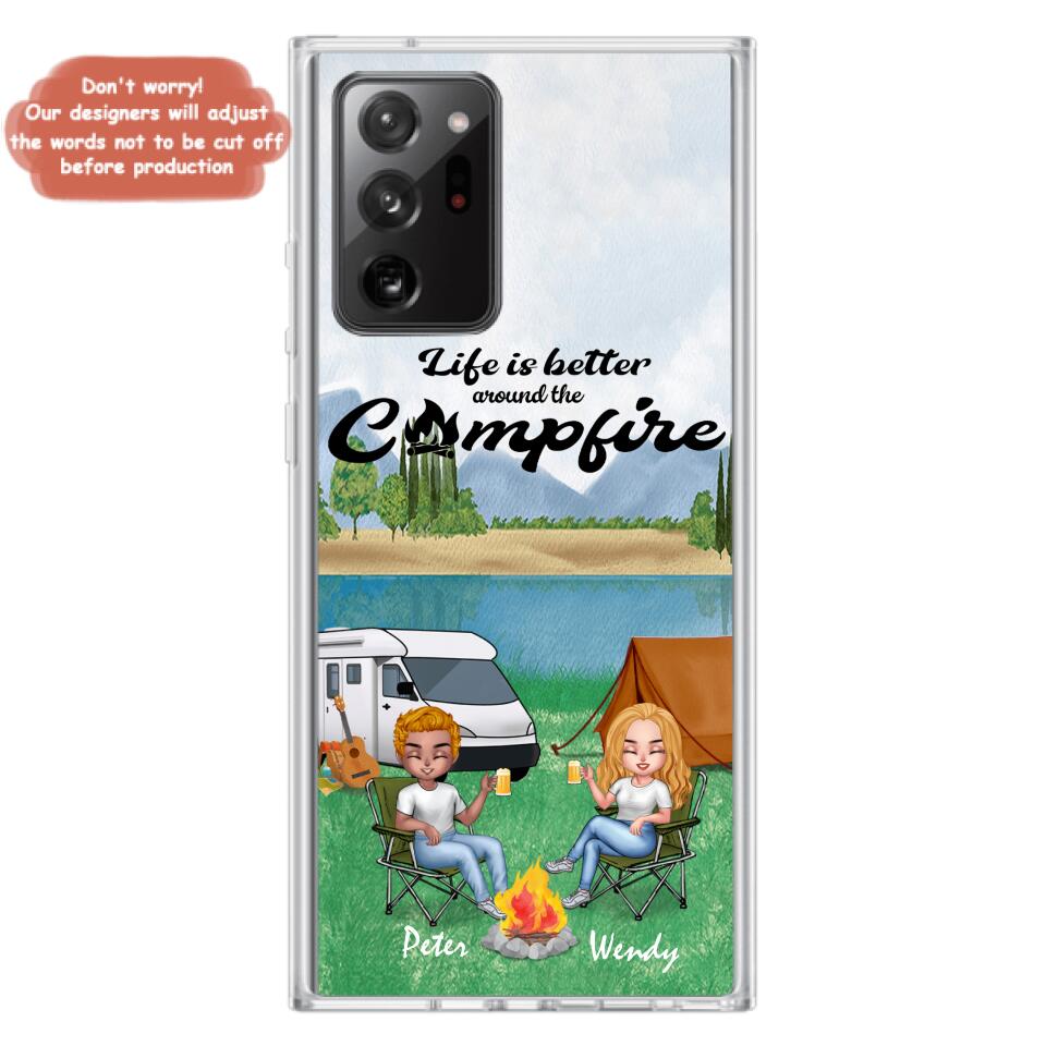 Personalized Camping Chibi Phone Case - Couple With Up to 2 Dogs - Gift Idea For Dog/Camping Lover - Life Is Better Around The Campfire - Case For iPhone And Samsung