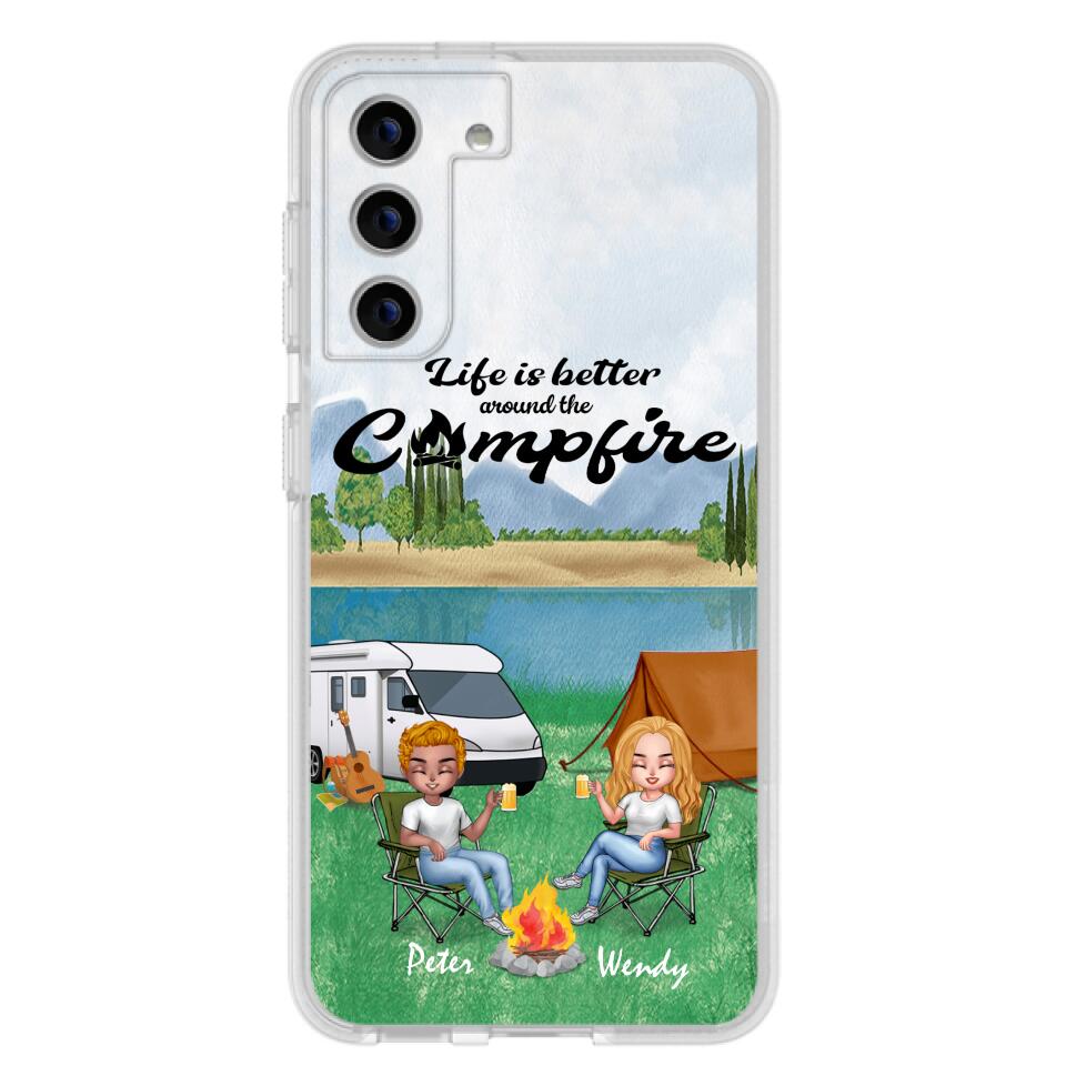 Personalized Camping Chibi Phone Case - Couple With Up to 2 Dogs - Gift Idea For Dog/Camping Lover - Life Is Better Around The Campfire - Case For iPhone And Samsung