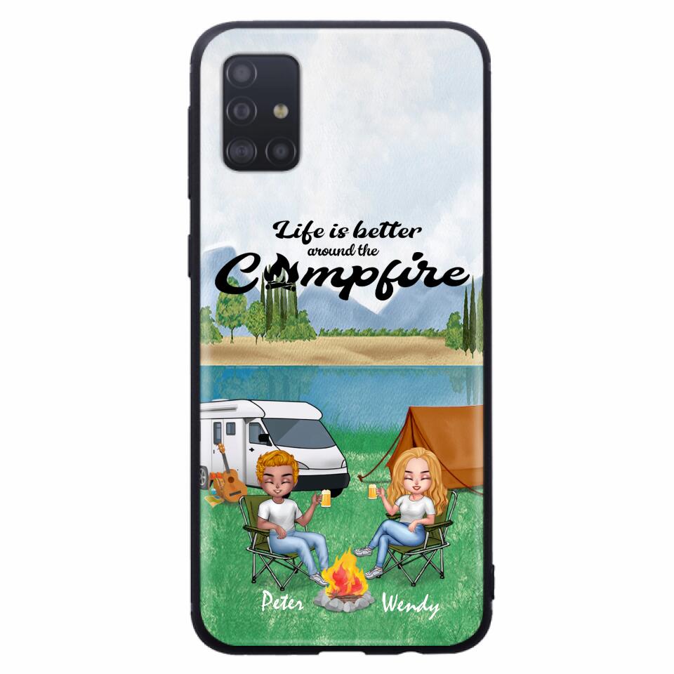 Personalized Camping Chibi Phone Case - Couple With Up to 2 Dogs - Gift Idea For Dog/Camping Lover - Life Is Better Around The Campfire - Case For iPhone And Samsung