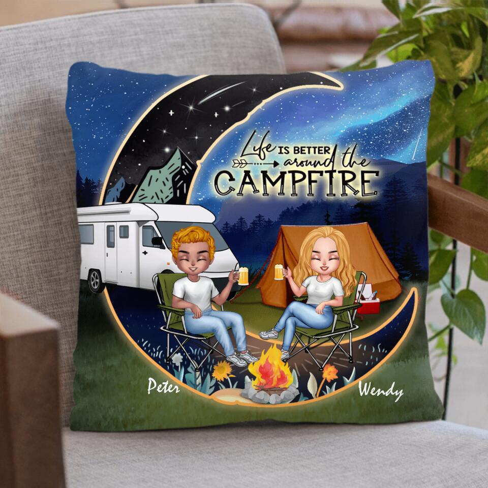 Personalized Camping Moon Couple With Dogs Pillow Cover/Quilt/Fleece Throw Blanket - Couple With Up to 3 Dogs - Gift Idea For Dog/Camping Lover