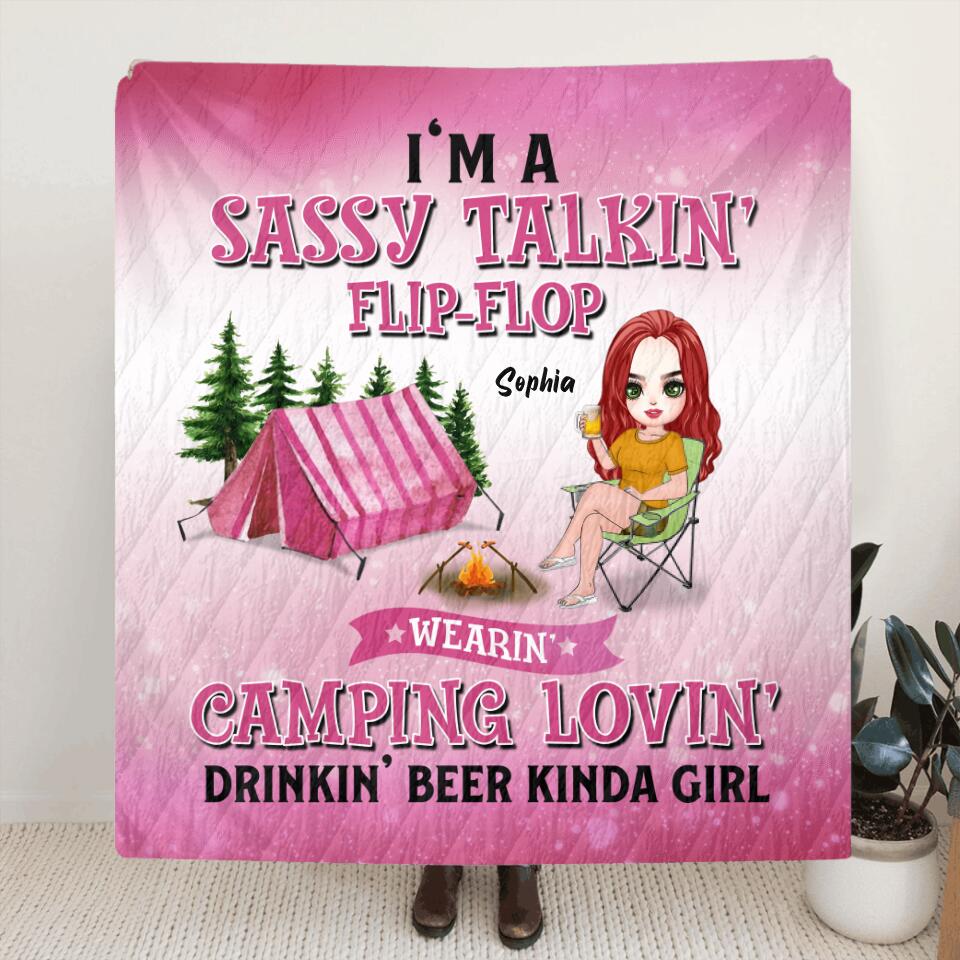 Personalized Camping Girl Pillow Cover/Fleece Blanket/Quilt - Gift Idea For Camping Lovers - I'm A Sassy Talkin' Flip - Flop Camping Lovin' Drinkin' Beer Kinda Girl