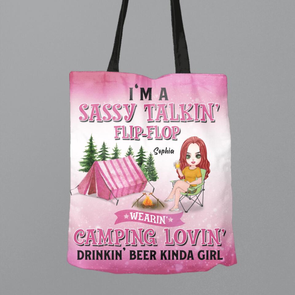 Personalized Camping Girl Canvas Bag - Gift Idea For Camping Lovers - I'm A Sassy Talkin' Flip - Flop Camping Lovin' Drinkin' Beer Kinda Girl