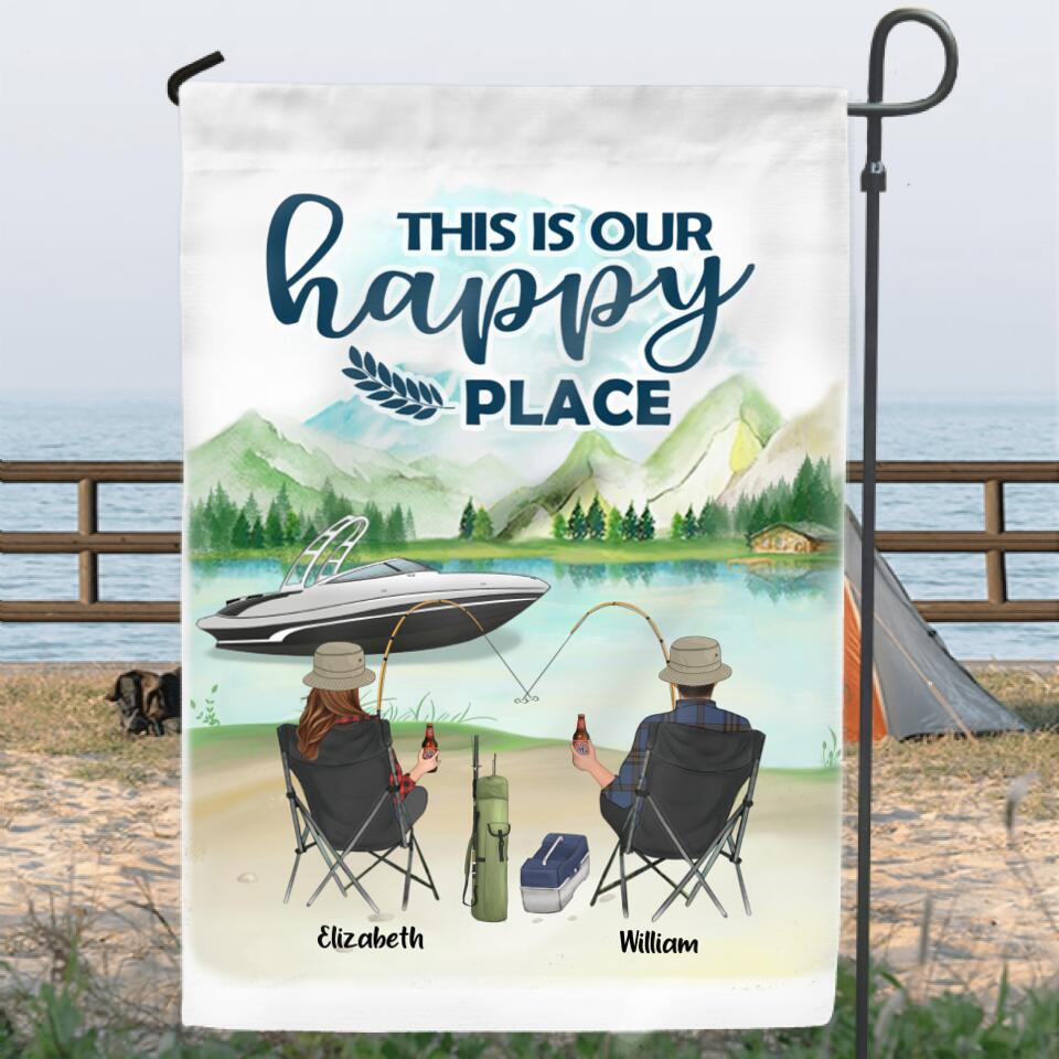 Personalized Fishing Family Flag Sign - Parents With Up to 4 Kids  - Gift For Fishing Lover - This Is Our Happy Place
