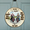 Personalized Couple Biker Circle Door Sign - Gift Idea For Couple - A Grumpy Old Biker And A Smokin' Hot Biker Chick Live Here