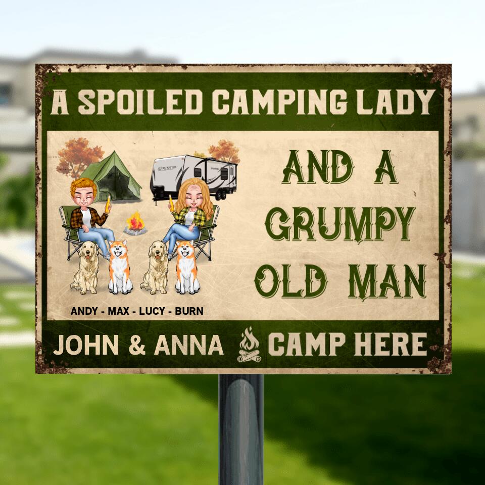 Personalized Camping Couple Metal Sign - Gift For Camping Lovers with up to 4 Dogs - A Spoiled Camping Lady and A Grumpy Old Man Camp Here