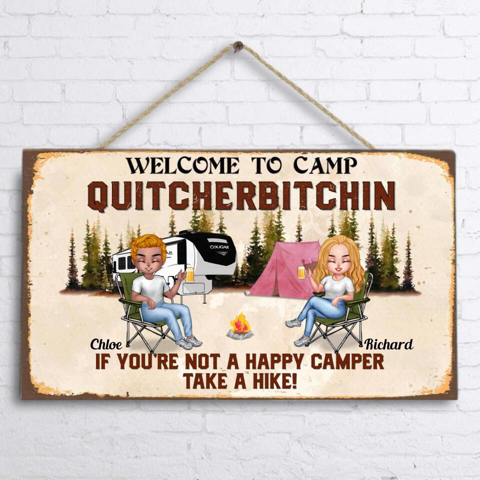 Personalized Welcome To Camp Quitcherbitchin Door Sign - Gift Idea For Camping Lovers - Up To 6 People - If You're Not A Happy Camper Take A Hike!