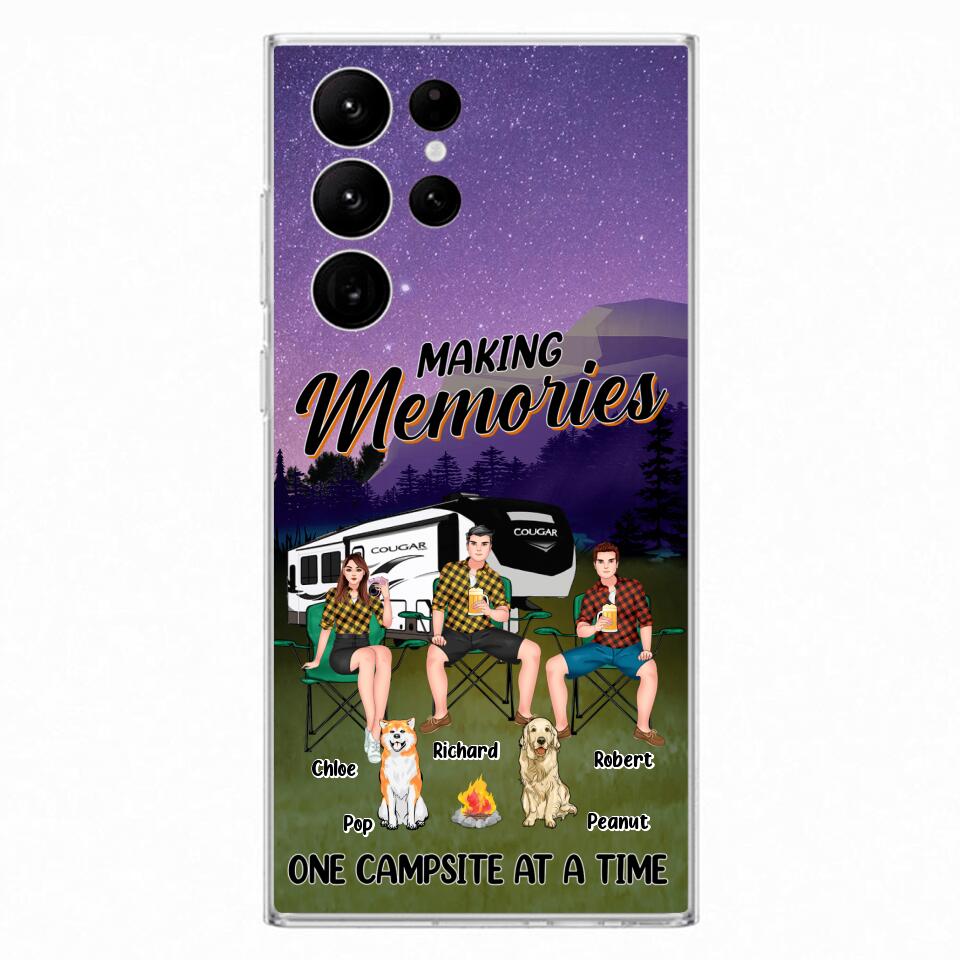 Custom Personalized Camping Phone Case - Gift Idea For Camping Lover/ Friends/ Couple - Upto 3 People And 2 Dogs - Making Memories One Campsite At A Time - Case For iPhone And Samsung