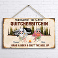 Personalized Welcome To Camp Quitcherbitchin Door Sign - Gift Idea For Friends - Up To 7 People - Grab A Beer And Shut The Hell Up