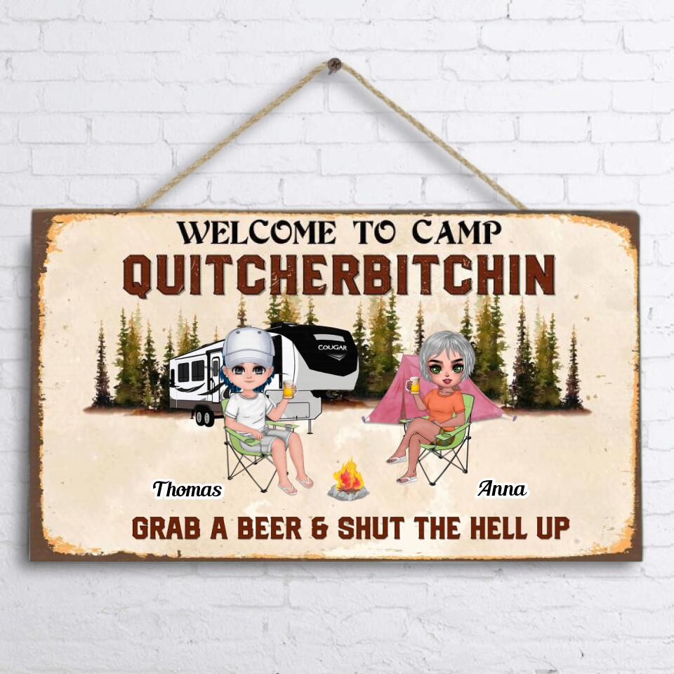 Personalized Welcome To Camp Quitcherbitchin Door Sign - Gift Idea For Friends - Up To 7 People - Grab A Beer And Shut The Hell Up