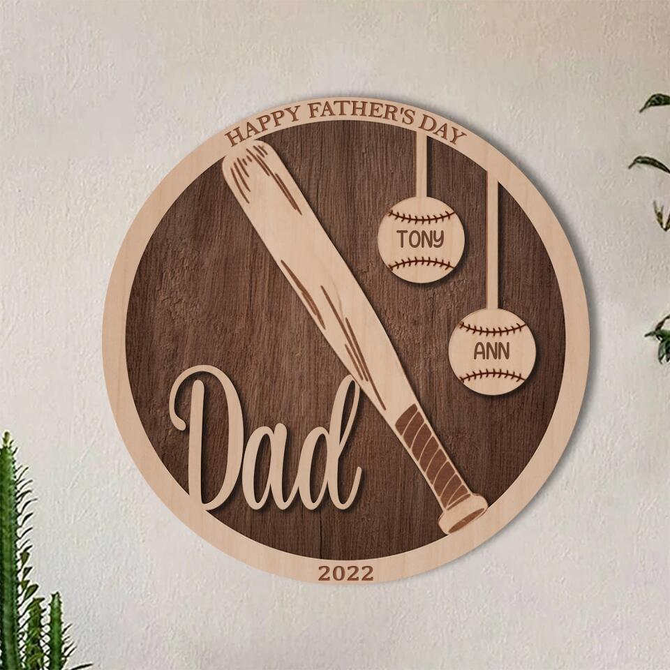 Personalized Baseball Double-layer Round Wooden Sign - Gift Idea From Kids to Father with up to 5 Kids - Father's Day 2023 Gift