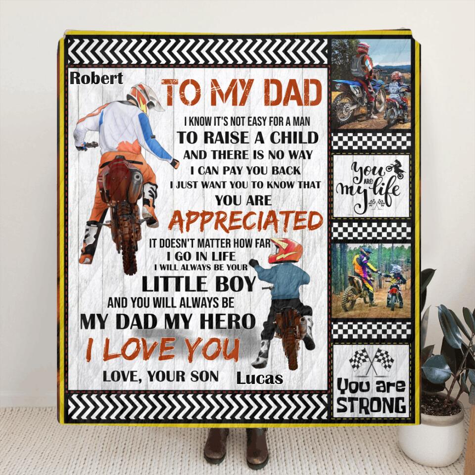 Personalized Father & Son Biker Fleece Throw Blanket/Quilt - Father's Day Gift Idea For Bike Lovers - To My Dad I Know It's Not Easy To Raise A Child