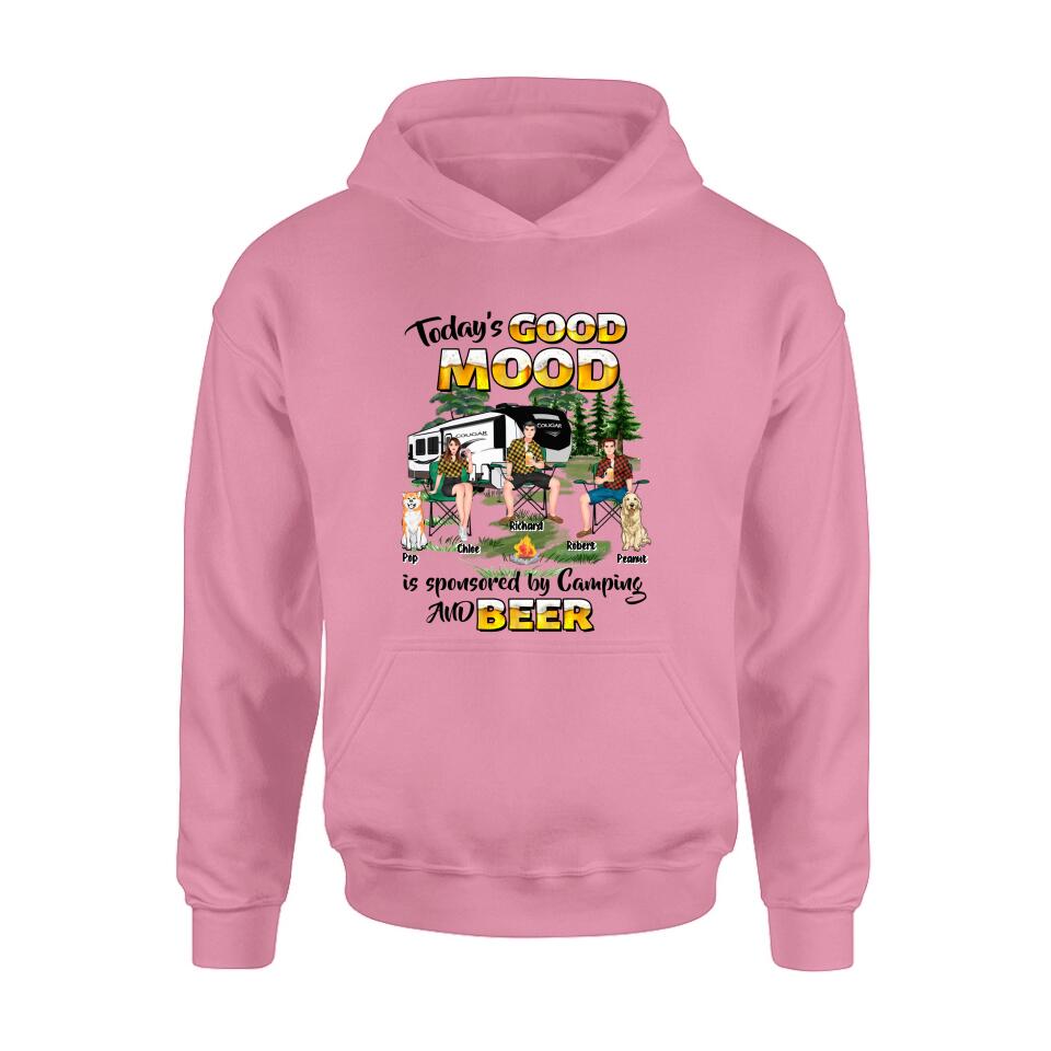 Personalized Camping Shirt/Pullover Hoodie - Gift Idea For Camping Lover/Friends/Couple - Up to 3 People And 2 Dogs - Today's Good Mood Is Sponsored By Camping And Beer