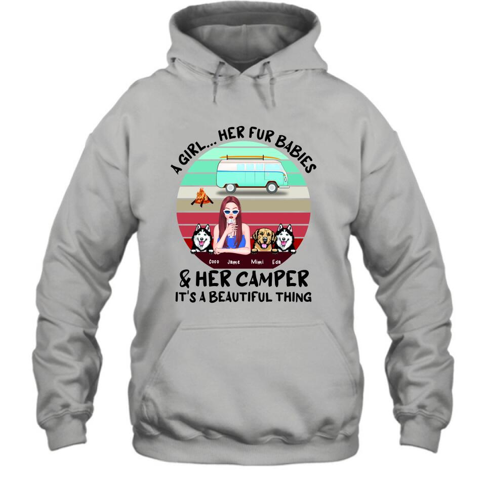 Personalized Camping Shirt - Women With  Up to 3 Dogs - Best Gift For Dog Lover - A Girl Her Fur Babies Her Dogs And Her Camper It's A Beautiful Thing
