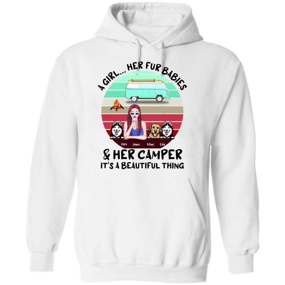 Personalized Camping Shirt - Women With  Up to 3 Dogs - Best Gift For Dog Lover - A Girl Her Fur Babies Her Dogs And Her Camper It's A Beautiful Thing