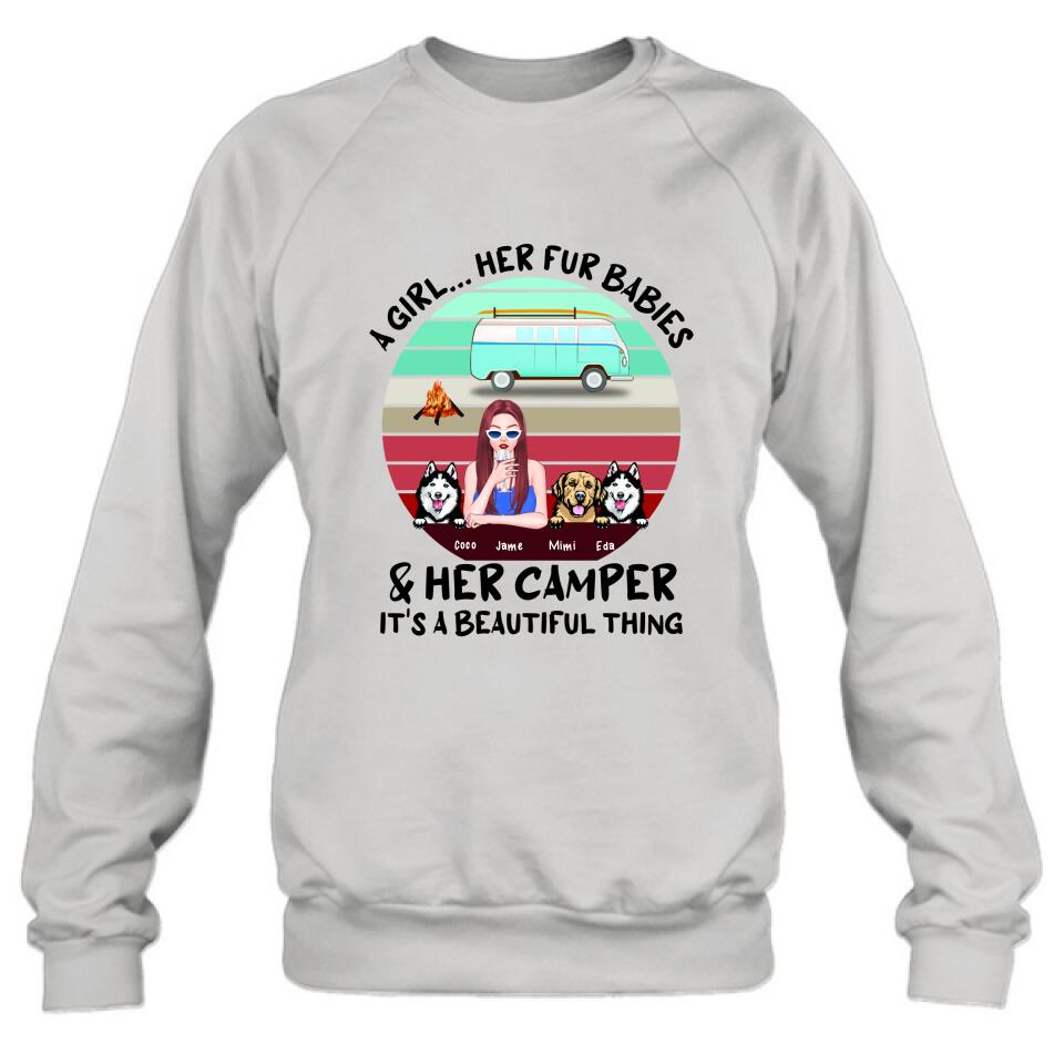 Personalized Camping Shirt - Women With  Up to 3 Dogs - Best Gift For Dog Lover - A Girl Her Fur Babies Her Dogs And Her Camper It's A Beautiful Thing