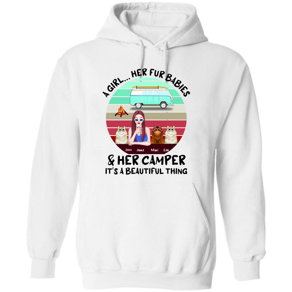 Personalized Camping T-Shirt - Women With Up to 3 Cats - Best Gift For Dog Lover - A Girl Her Fur Babies Her Cats And Her Camper It's A Beautiful Thing
