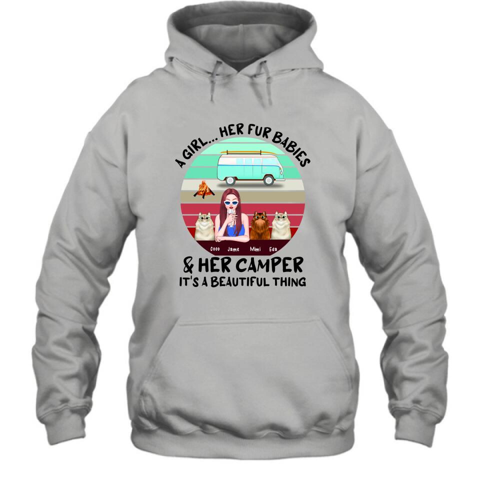 Personalized Camping T-Shirt - Women With Up to 3 Cats - Best Gift For Dog Lover - A Girl Her Fur Babies Her Cats And Her Camper It's A Beautiful Thing
