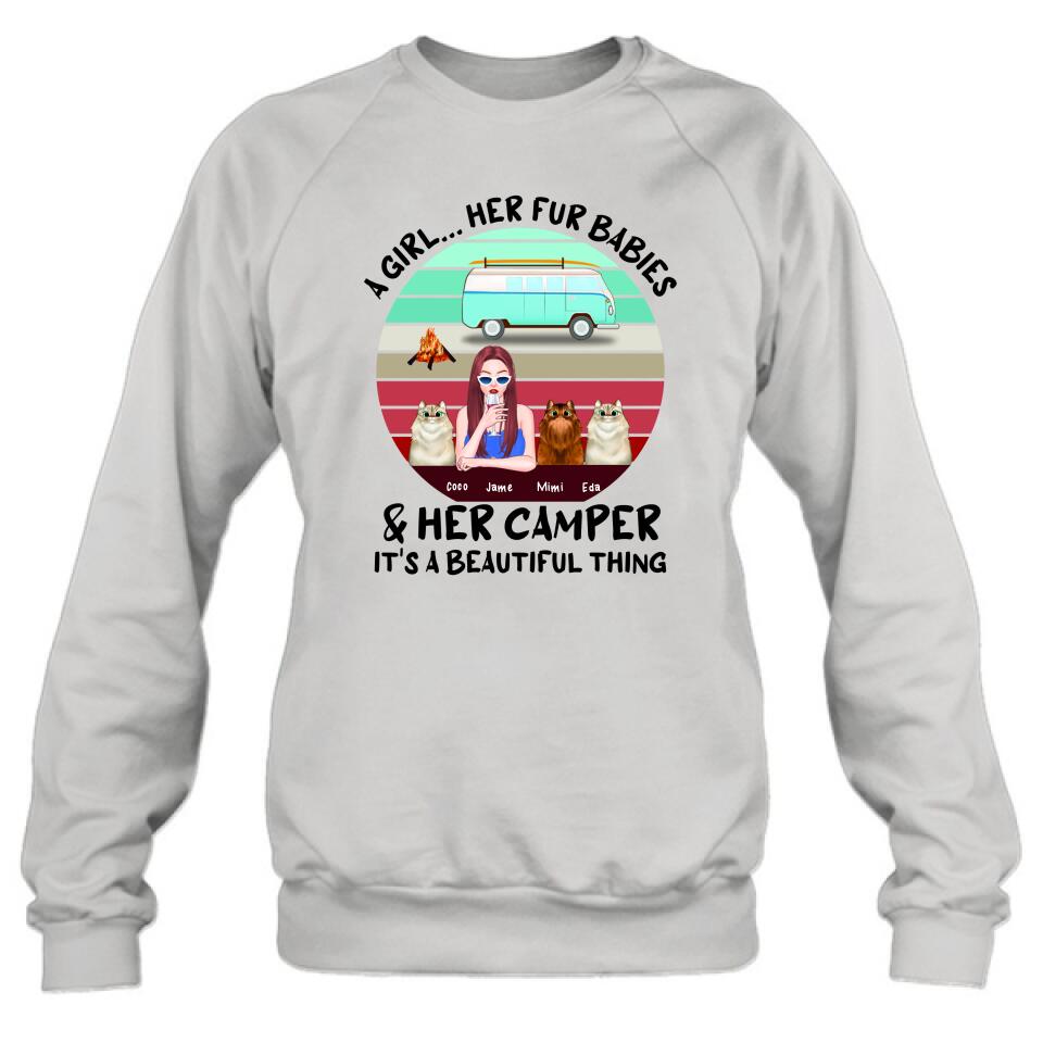 Personalized Camping T-Shirt - Women With Up to 3 Cats - Best Gift For Dog Lover - A Girl Her Fur Babies Her Cats And Her Camper It's A Beautiful Thing