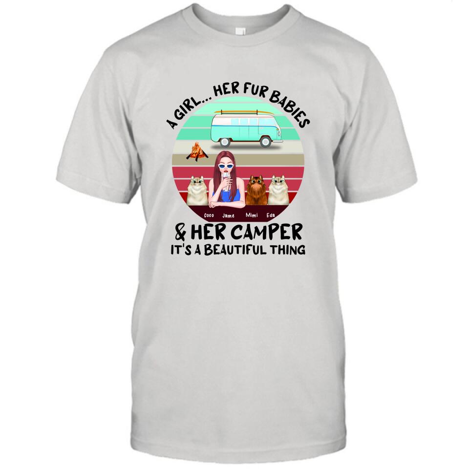 Personalized Camping T-Shirt - Women With Up to 3 Cats - Best Gift For Dog Lover - A Girl Her Fur Babies Her Cats And Her Camper It's A Beautiful Thing