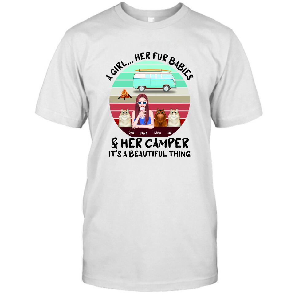 Personalized Camping T-Shirt - Women With Up to 3 Cats - Best Gift For Dog Lover - A Girl Her Fur Babies Her Cats And Her Camper It's A Beautiful Thing