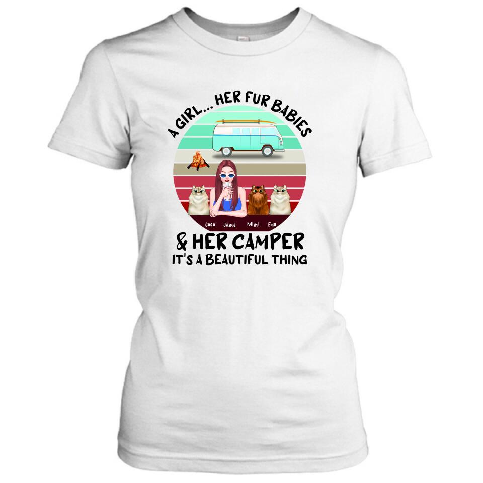 Personalized Camping T-Shirt - Women With Up to 3 Cats - Best Gift For Dog Lover - A Girl Her Fur Babies Her Cats And Her Camper It's A Beautiful Thing