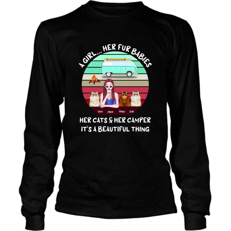 Personalized Camping Black T-Shirt - Women With Up to 3 Cats - Best Gift For Dog Lover - A Girl Her Fur Babies Her Cats And Her Camper It's A Beautiful Thing