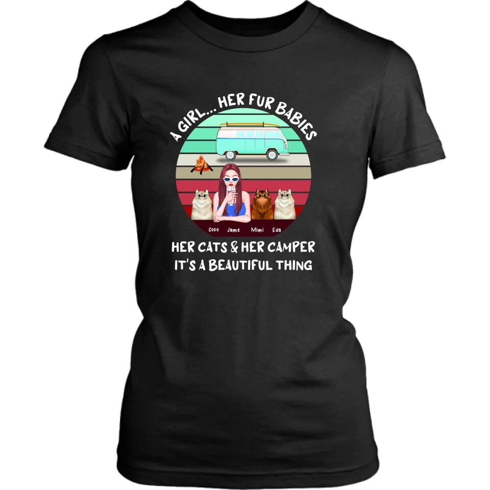 Personalized Camping Black T-Shirt - Women With Up to 3 Cats - Best Gift For Dog Lover - A Girl Her Fur Babies Her Cats And Her Camper It's A Beautiful Thing