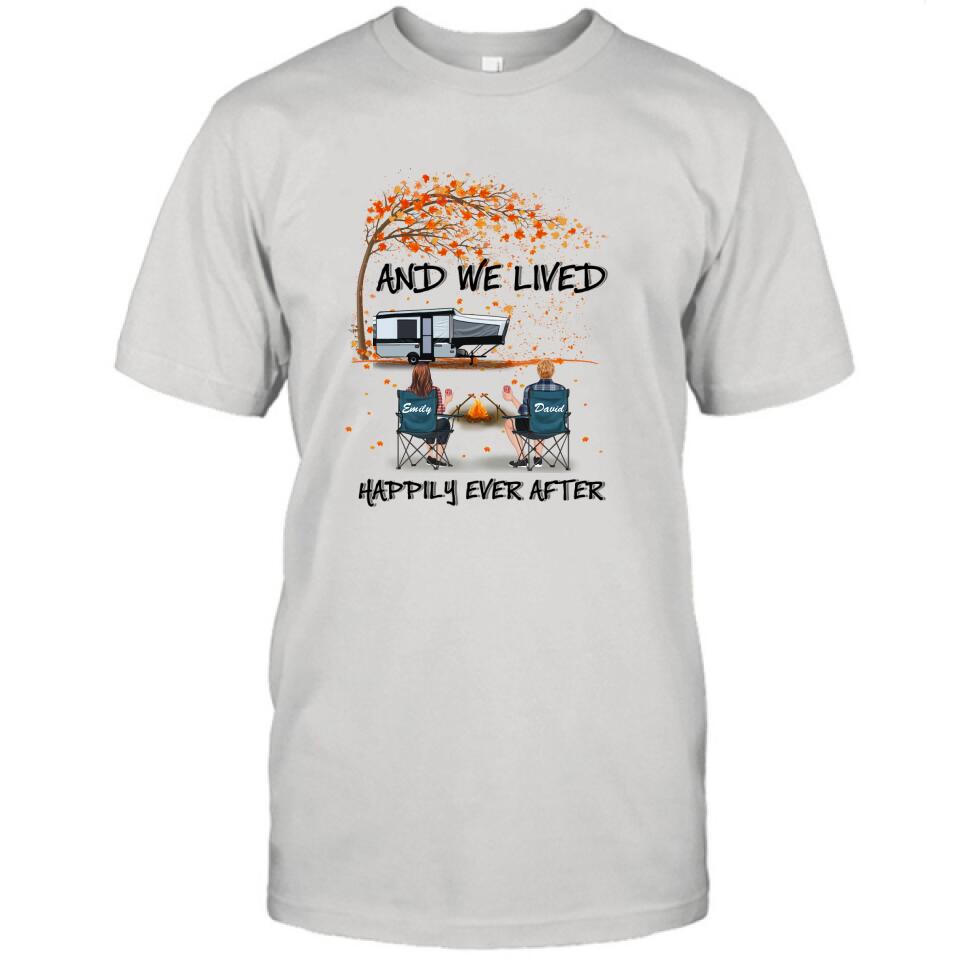 Personalized Autumn Camping T-shirt/Pullover Hoodie - Couple/Parents With Up to 4 Kids, 4 Pets - Gift For Camping Lover - And We Lived Happily Ever After