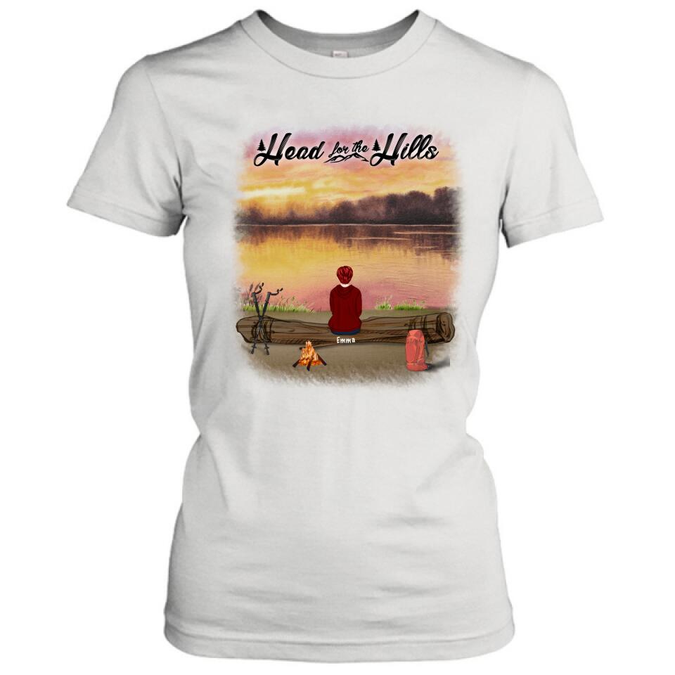 Personalized Hiking T-Shirt/Pullover Hoodie  - Man/Woman/Couple/ Parents With Up to 6 Pets And 4 Kids - Gift For Hiking Lover - Head For The Hills