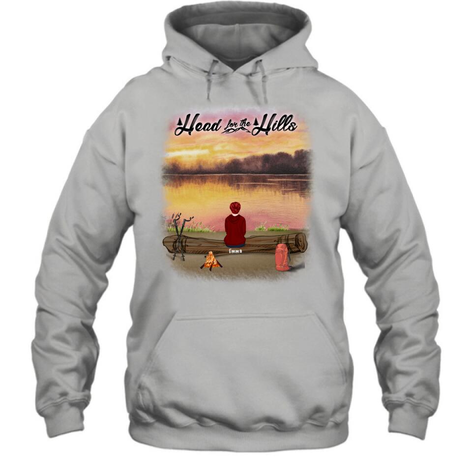 Personalized Hiking T-Shirt/Pullover Hoodie  - Man/Woman/Couple/ Parents With Up to 6 Pets And 4 Kids - Gift For Hiking Lover - Head For The Hills