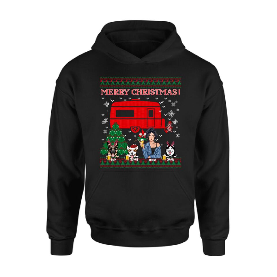Personalized Dog Mom Camping Sweatshirt - Up to 3 Dogs - Merry Christmas