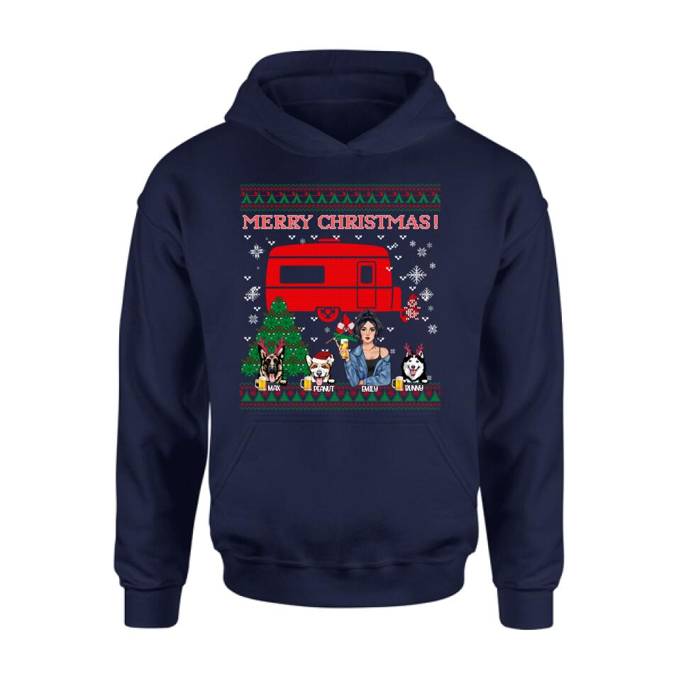 Personalized Dog Mom Camping Sweatshirt - Up to 3 Dogs - Merry Christmas