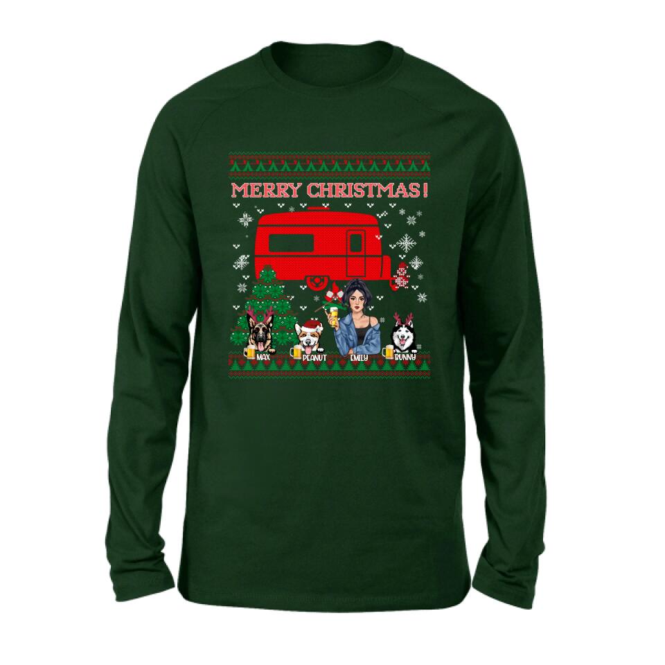 Personalized Dog Mom Camping Sweatshirt - Up to 3 Dogs - Merry Christmas