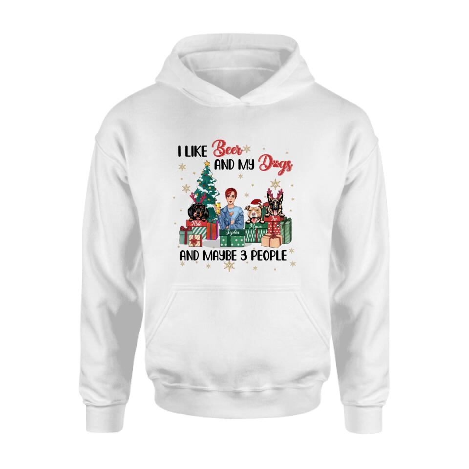 Personalized Christmas Dog Shirt - Up to 3 Dogs - Best Gift For Dog Lover - I Like Beer And My Dogs And Maybe 3 People