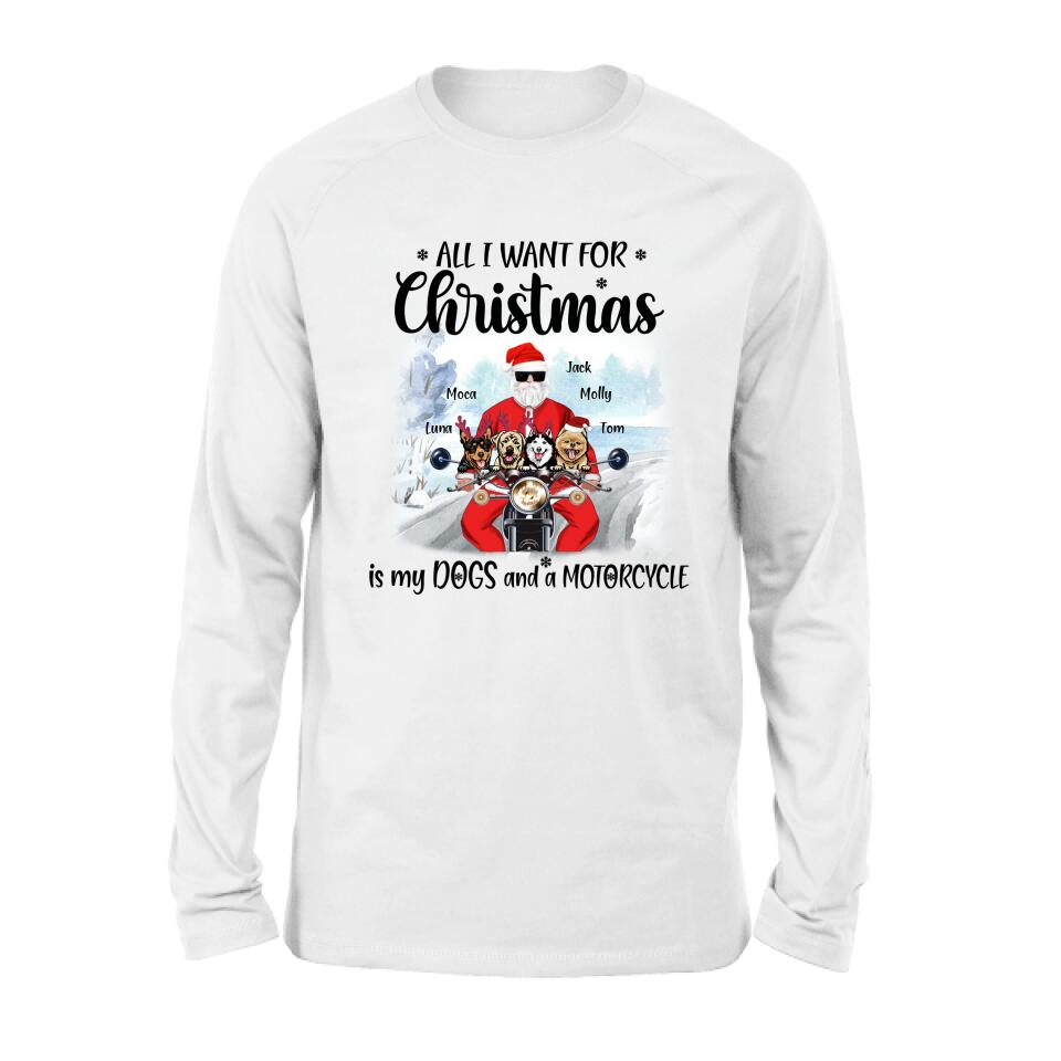 Personalized Christmas Biker With Dogs Shirt - Up to 4 Dogs - Christmas Gift For Dog Lover - All I Want For Christmas Is My Dogs And A Motorcycle