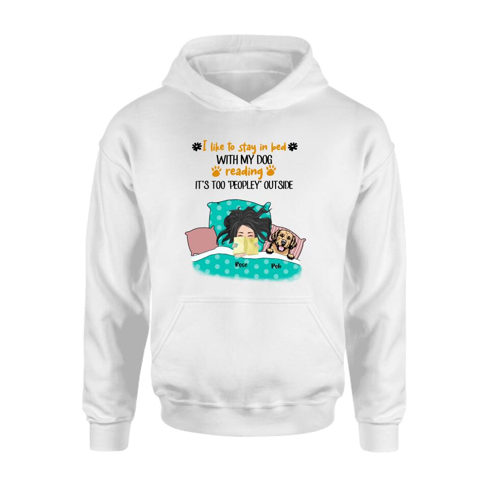Personalized Stay In Bed With Dog Reading T-Shirt/Sweatshirt/Pullover Hoodie - Girl With Up to 4 Dogs - Best Gift For Dog Lover